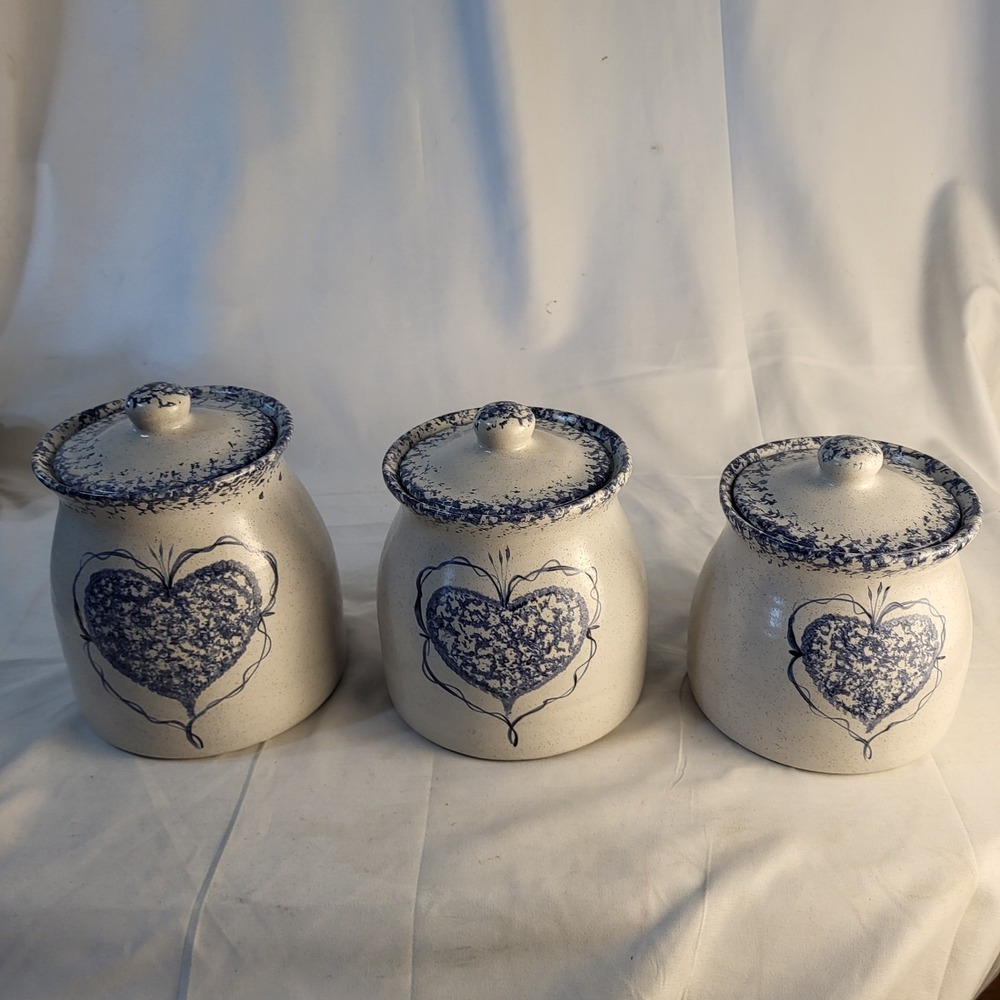 Set of 3 Country Blue Hearts Sponge Stoneware Canister Set Cottagecore